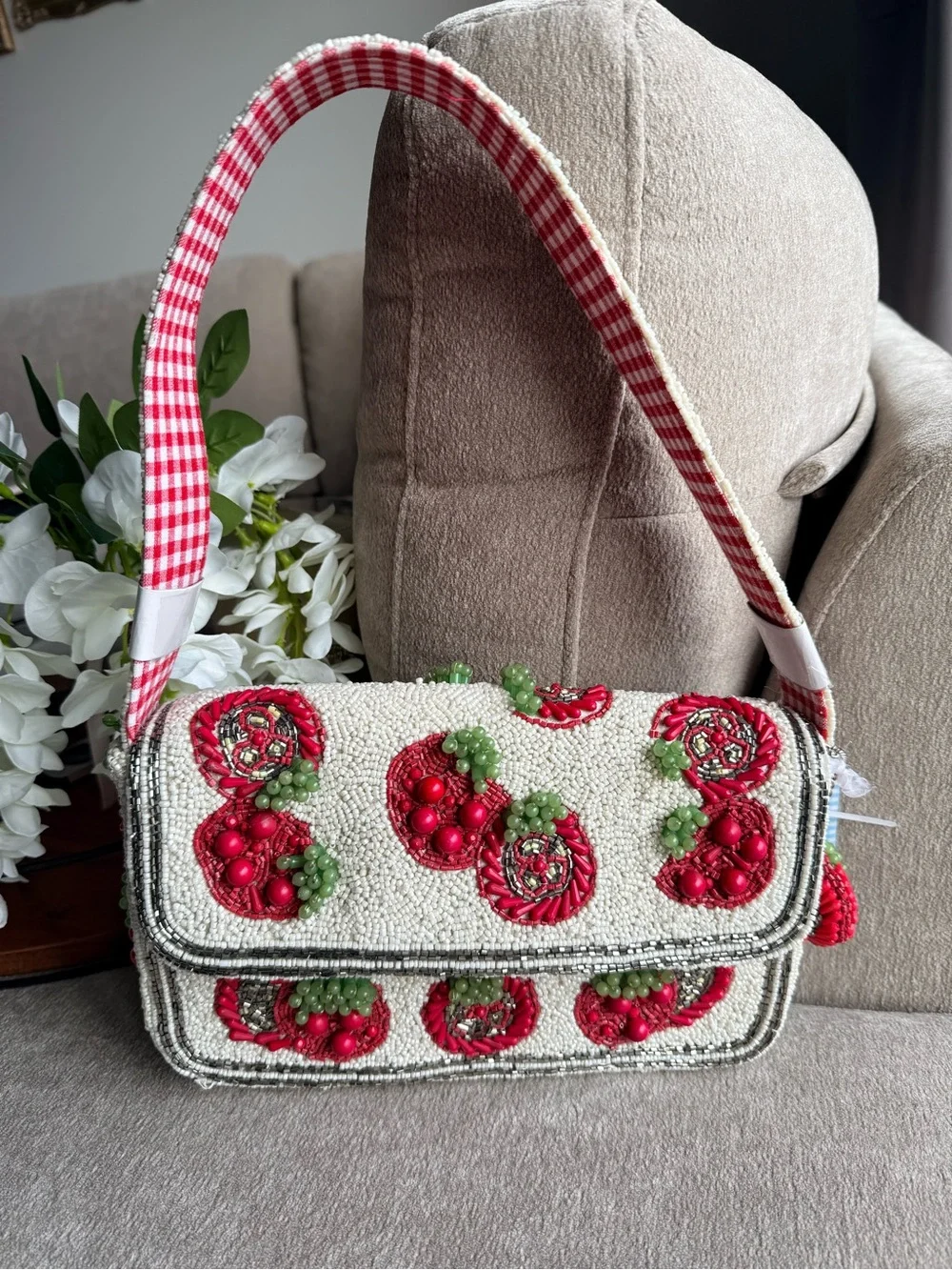 Made in India Tomato Red & White Beaded Shoulder Bag with Tomato Charm NWT